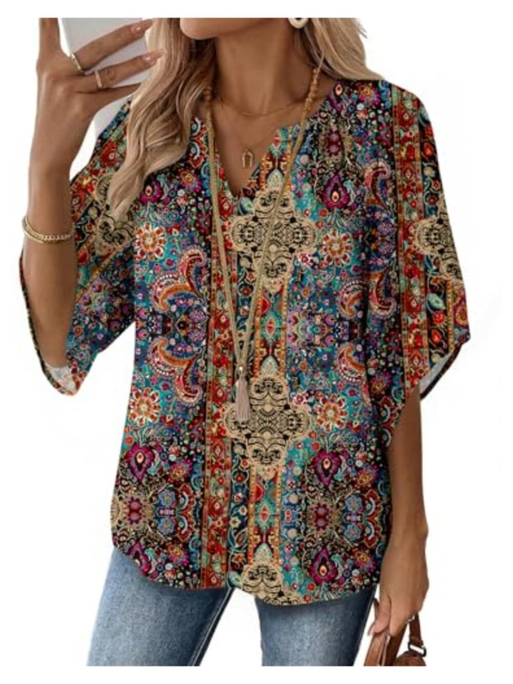 Womens Boho Tunic Top 3/4 Bell Sleeve V Neck Rayon Nylon Peasant Blouse